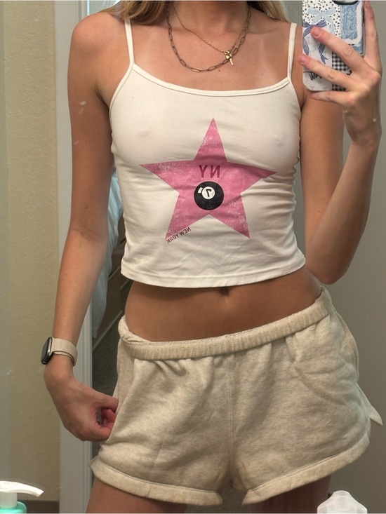 SHEIN Tops - SHEIN White Spaghetti Strap Crop Top with Pink Star Graphic